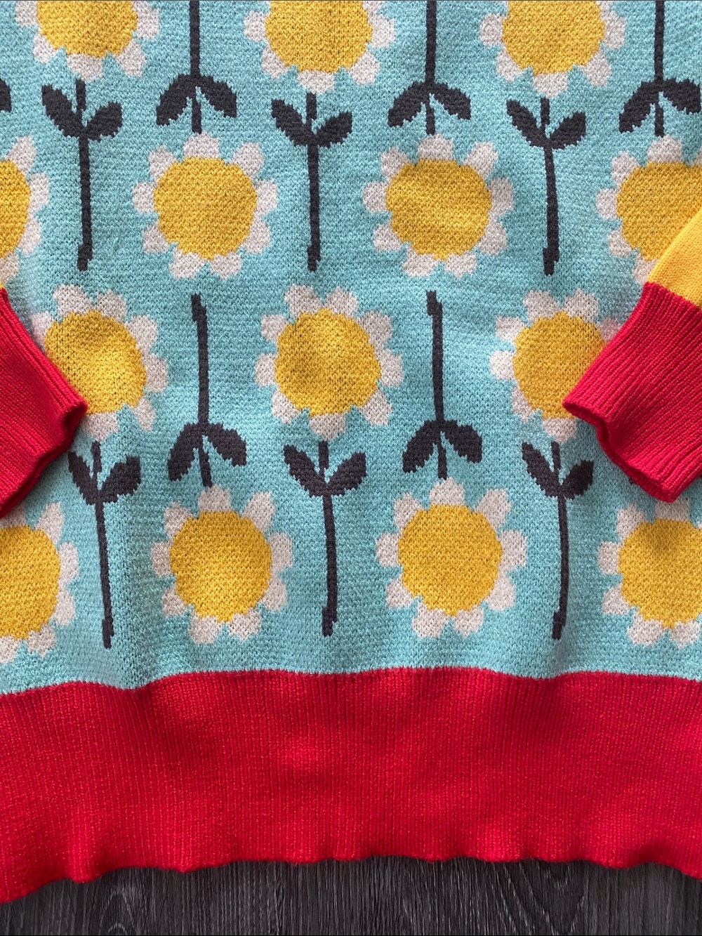 Oxknit Women's Floral Crewneck Sweater in Yellow & Teal - Picture 5 of 9